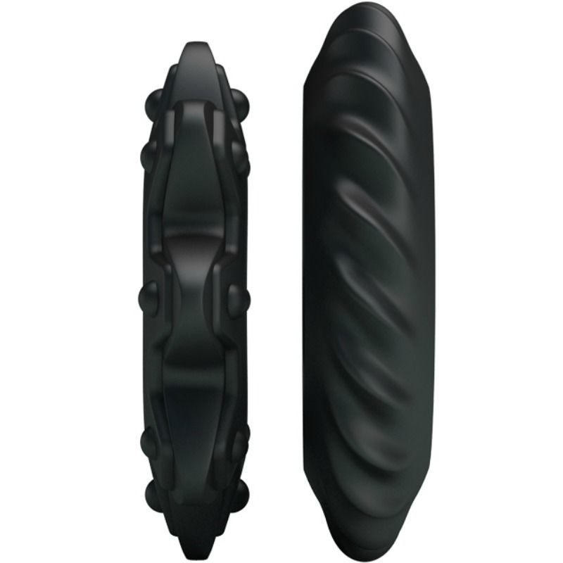 Due anelli neri, presentati verticalmente. Uno con design a petalo, l'altro con superficie ondulata.