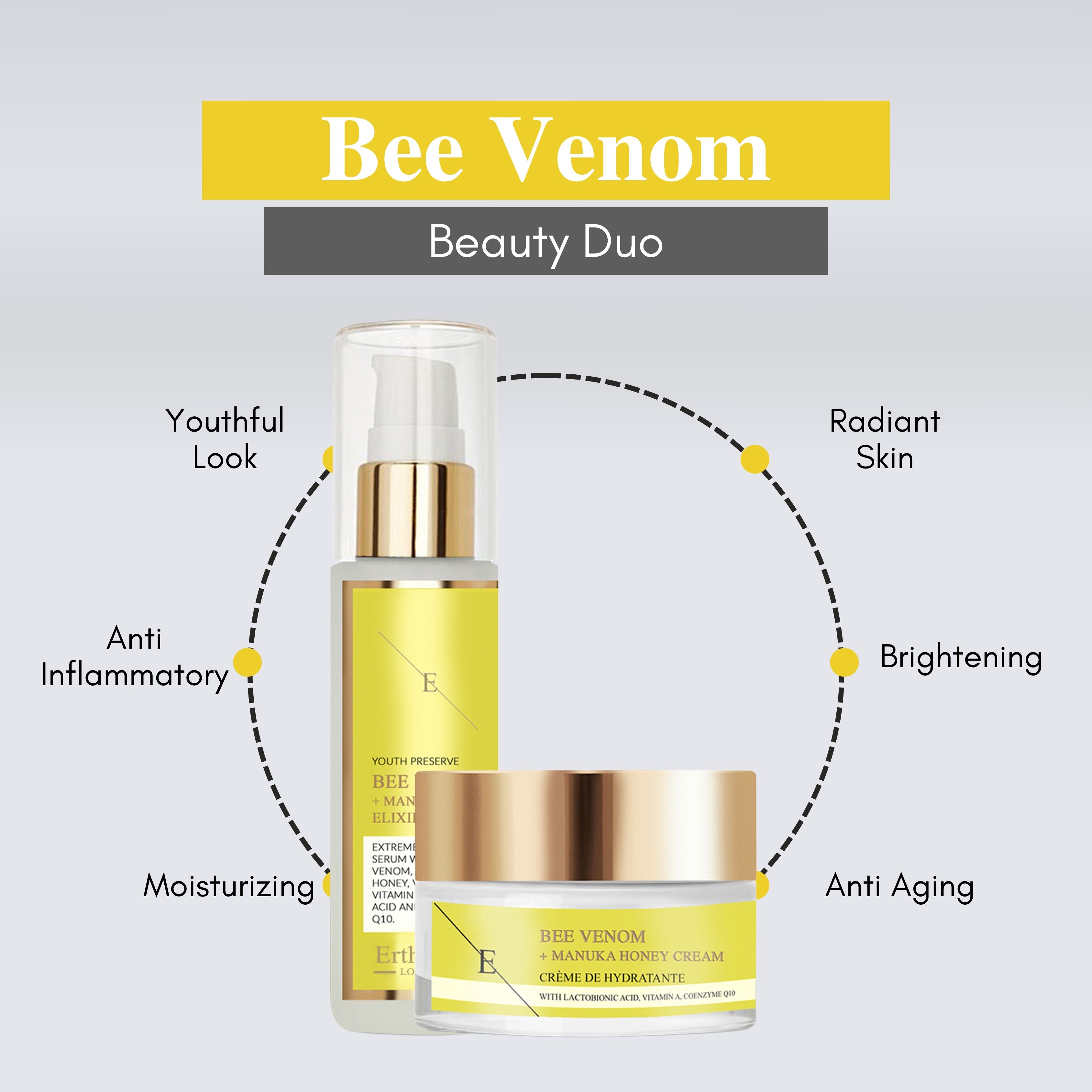 Due prodotti cosmetici: flacone di siero e vasetto di crema. Accenti gialli, coperchi dorati. Testo: Bee Venom Beauty Duo. Proprietà: idratante, anti-età.