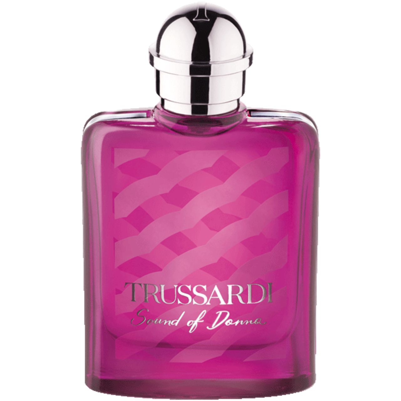 Flacone Eau de Parfum rosa, tappo argento. Scritta: TRUSSARDI Sound of Donna.