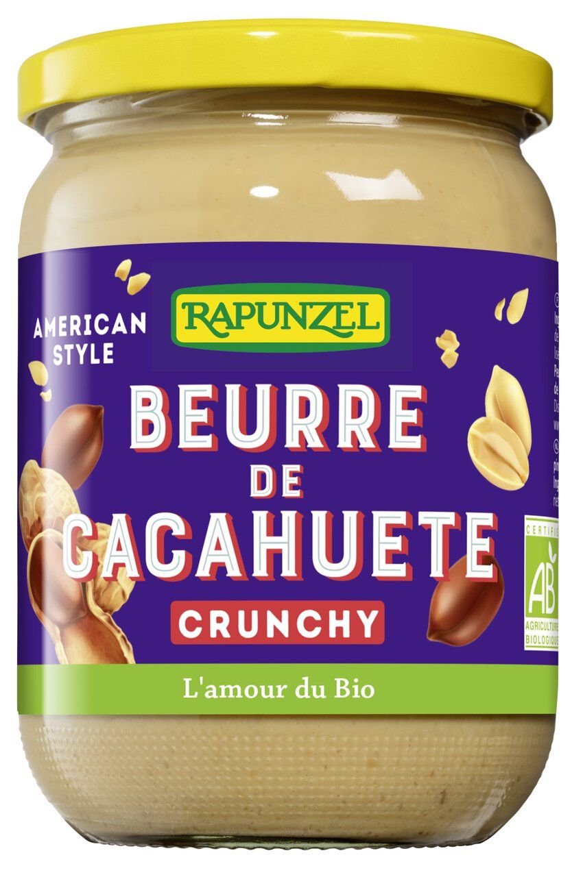 Rapunzel Burro di arachidi Crunchy. Barattolo con coperchio giallo, etichetta viola con marchio bio.