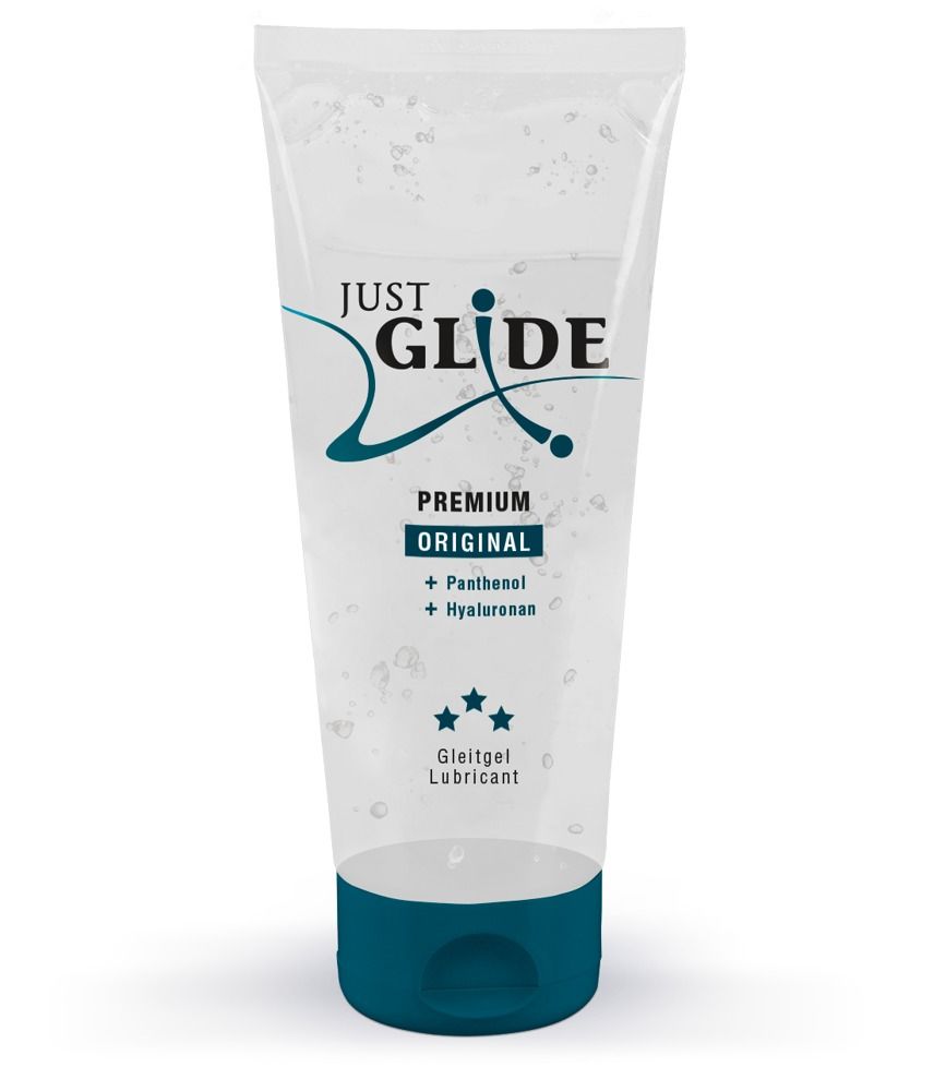 Gel lubrificante trasparente in tubo. Scritta: Just Glide, Premium Original. Contiene pantenolo e ialuronano. Tappo blu.