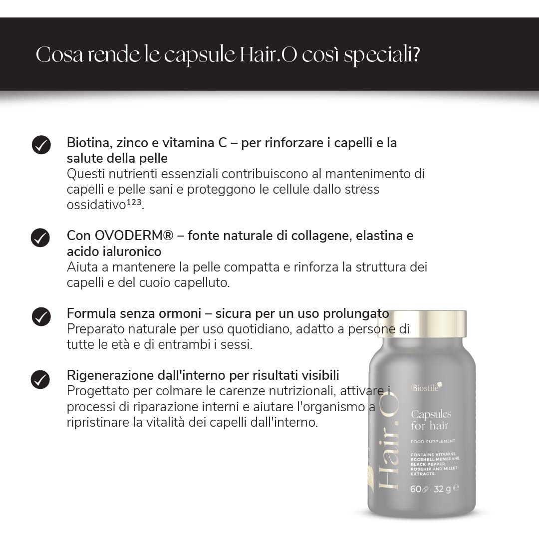 Testo: Cosa rende le capsule Hair.O così speciali? Flacone di capsule.