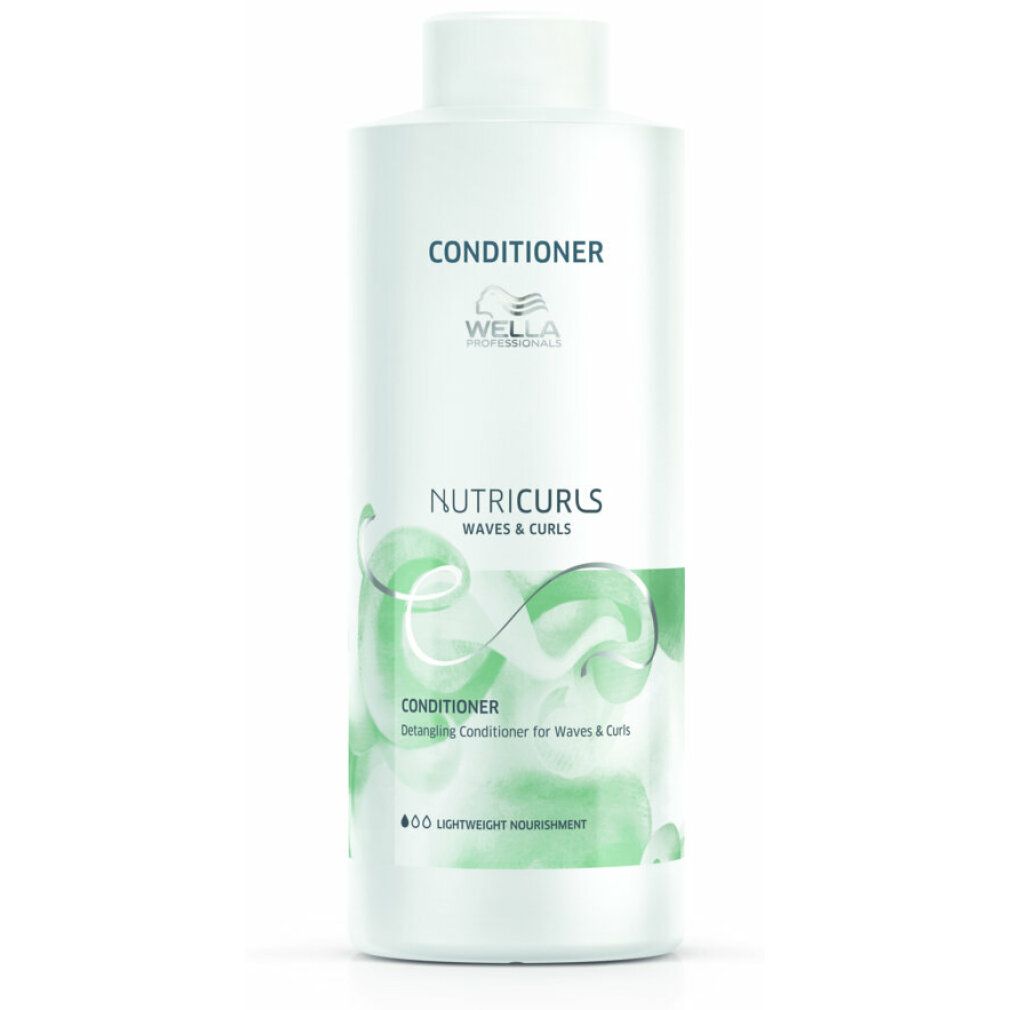 Flacone bianco di balsamo Wella Eimi Nutricurls. Scritta: Waves & Curls, balsamo per onde e ricci. Contenuto: 1 litro.