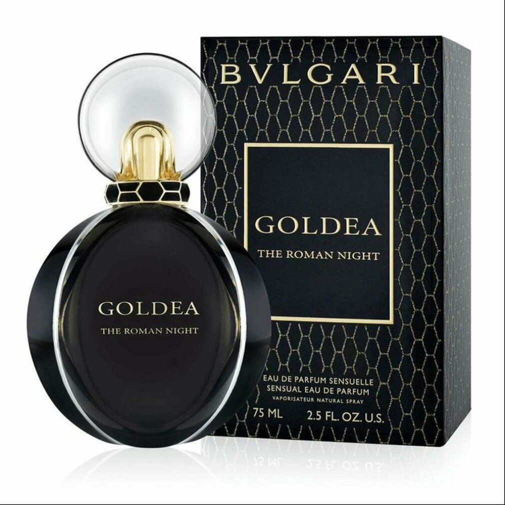Flacone e confezione neri. Scritta: Goldea The Roman Night. Marchio: Bvlgari. 75 ml.