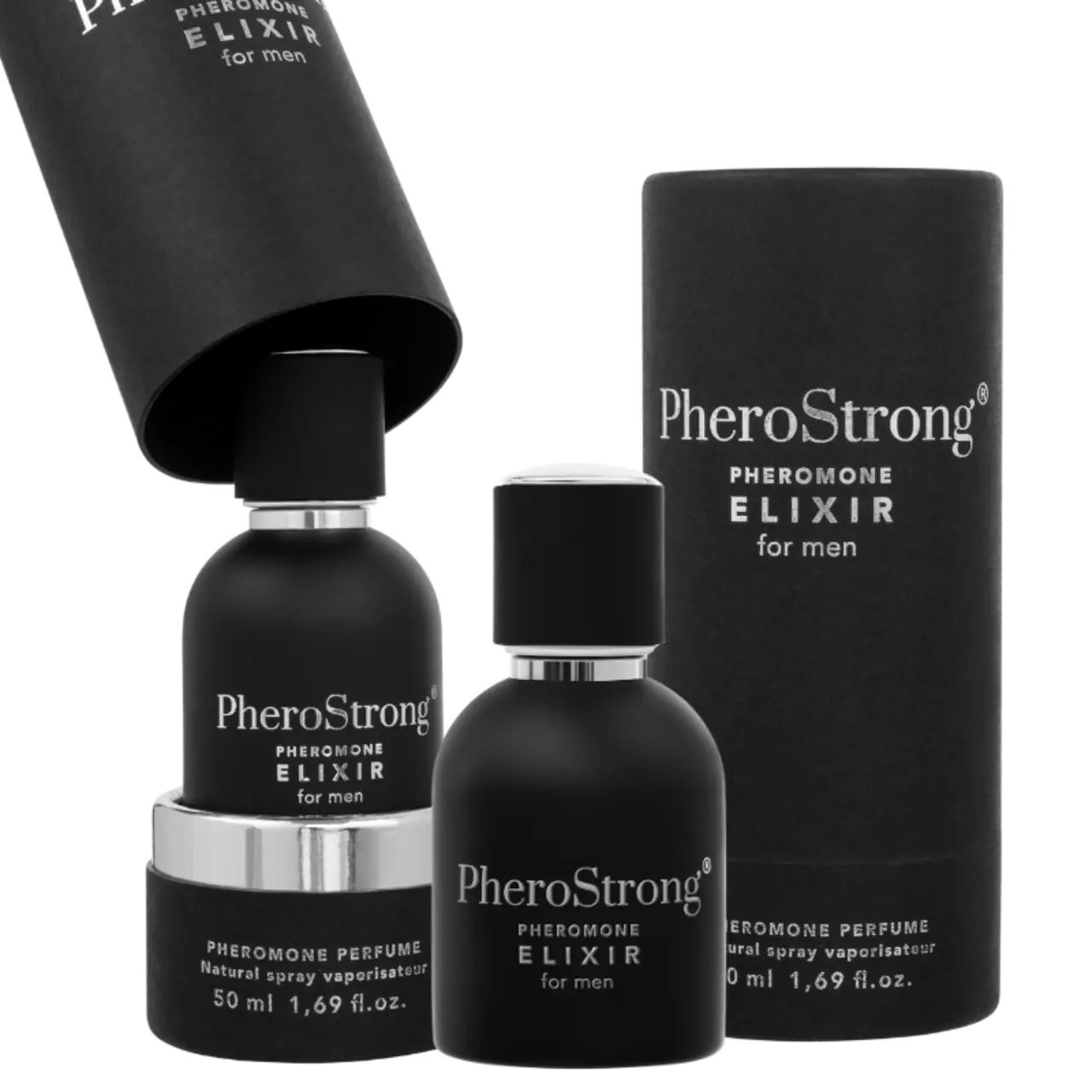 Due flaconi e confezione. Scritta: PheroStrong Pheromone Elixir for men. 50 ml.