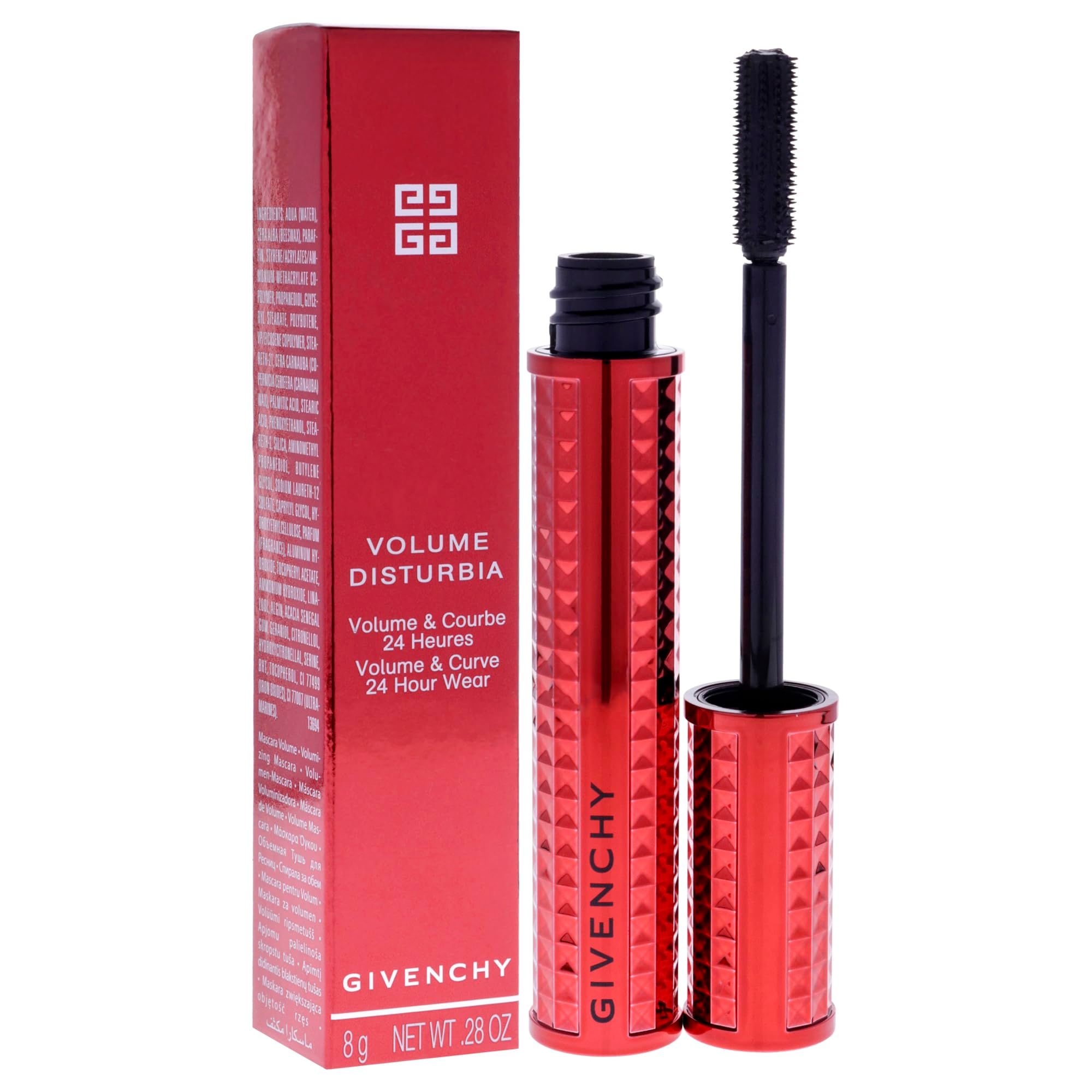 Tubo e confezione mascara rossi. Pennello nero. Testo: VOLUME DISTURBIA, GIVENCHY, 8 g NET WT. 28 OZ.