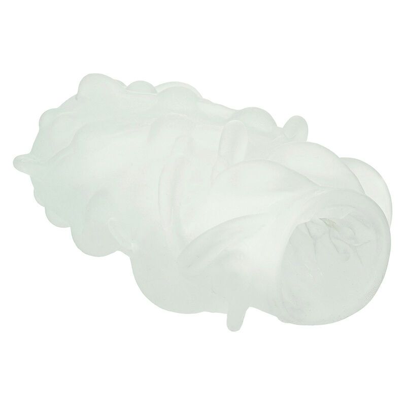 Un masturbatore trasparente con texture esterna ondulata, visto di lato.