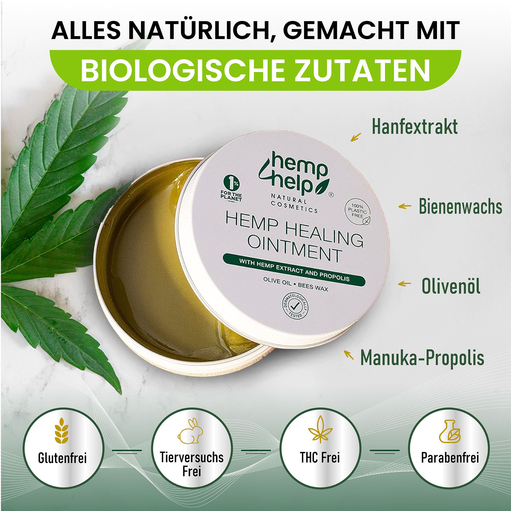 Barattolo aperto di pomata "hemp help". Testo: Tutto naturale, fatto con ingredienti biologici. Ingredienti: estratto di canapa, cera d'api, olio d'oliva, propoli di Manuka.