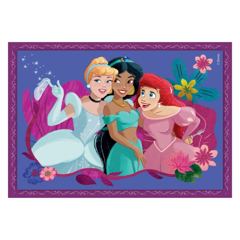 Puzzle con Cenerentola, Jasmine e Ariel, principesse Disney. Circondato da fiori e cornice blu.