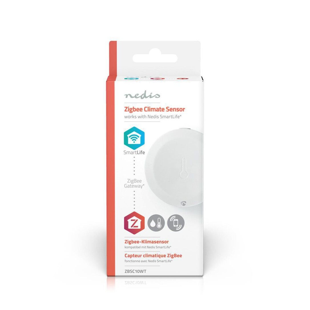 Confezione del sensore climatico Zigbee. Testo: Nedis, Zigbee Climate Sensor, SmartLife, Zigbee Gateway.