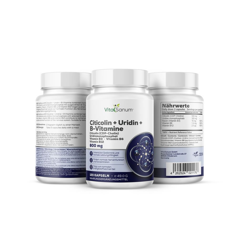 Tre barattoli di capsule VitaSanum Citicolin + Uridin + Vitamine B, vista frontale e posteriore.