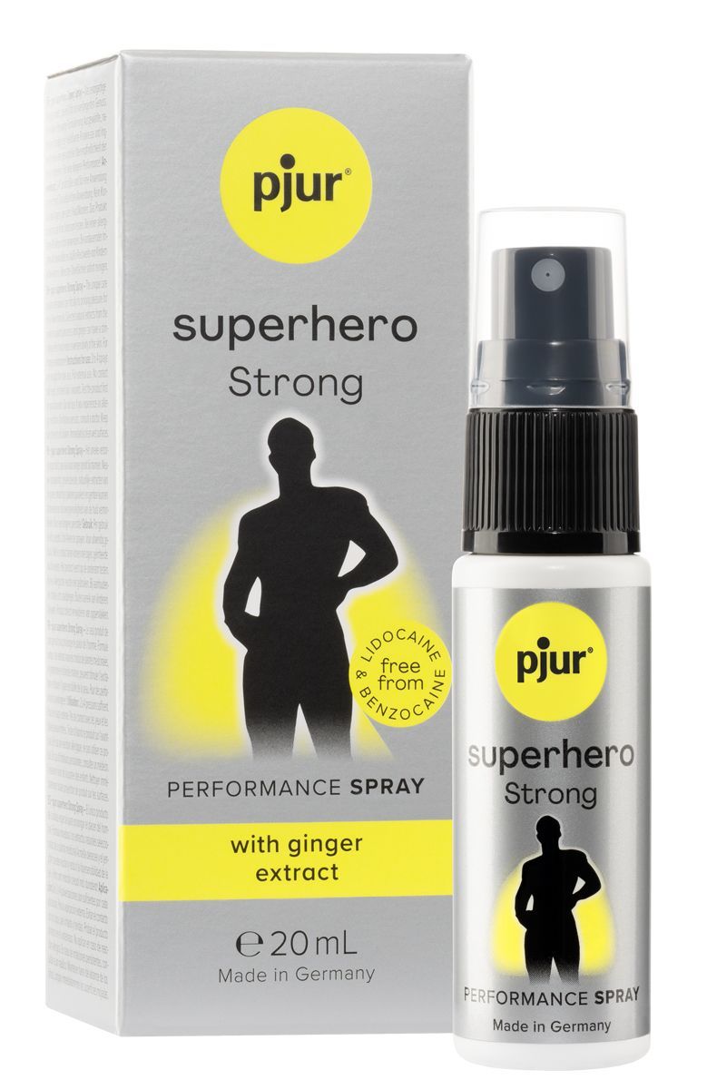 Spray pjur® SUPERHERO Strong Performance (20ml) accanto alla sua confezione. Contiene lidocaina, senza benzocaina.