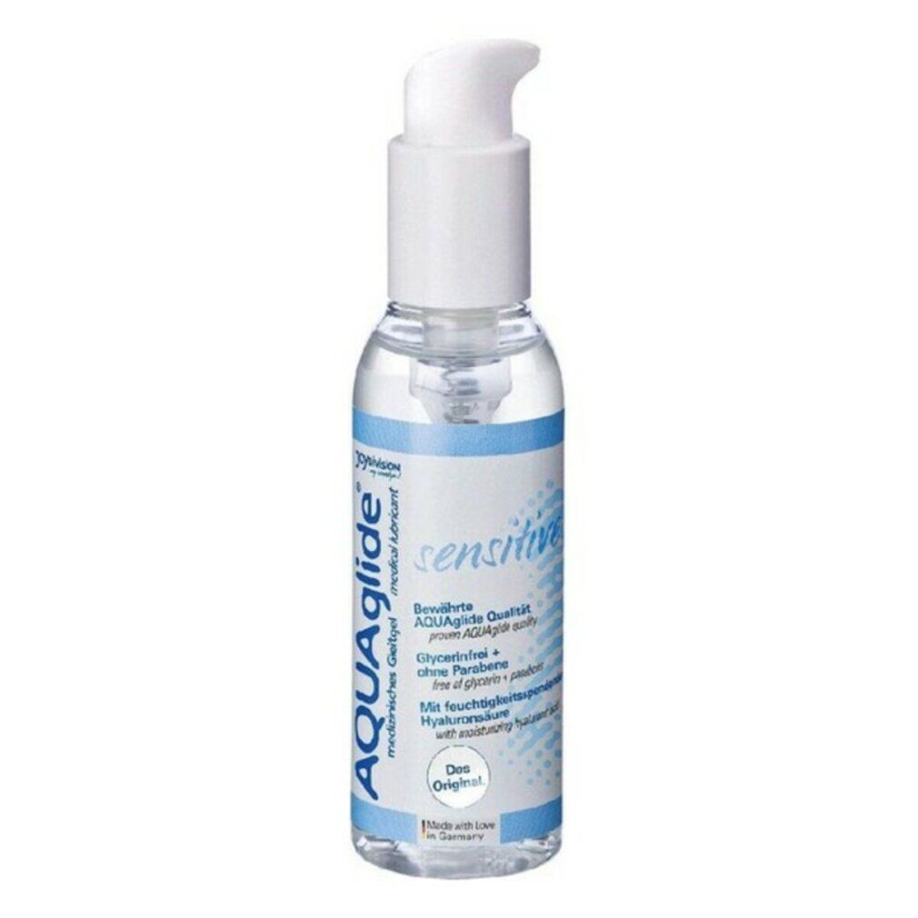 Flacone trasparente con erogatore bianco. Etichette blu e bianche con testo. Scritta: AQUAglide sensitive.