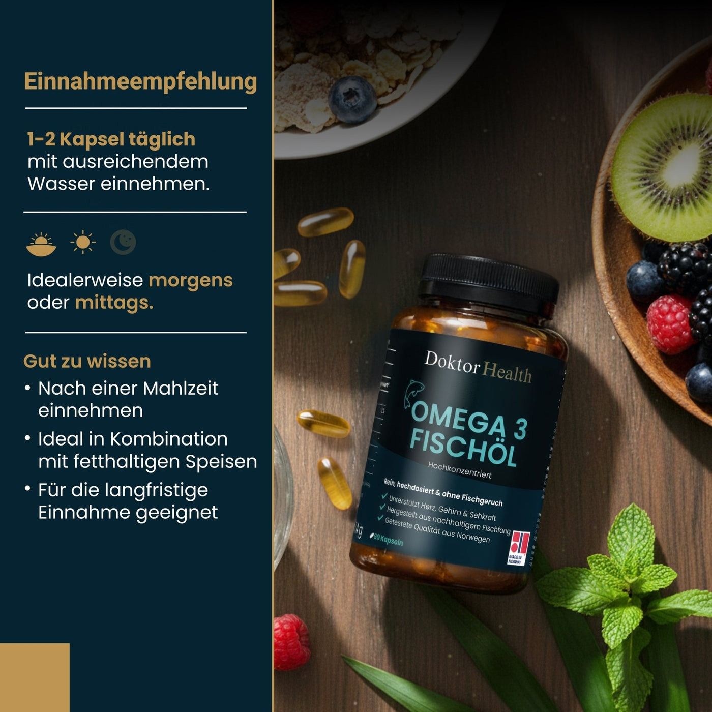 Flacone di olio di pesce Omega-3, capsule, bacche, menta. Testo: Raccomandazioni per l'assunzione. 1-2 capsule al giorno. Con acqua, mattina o mezzogiorno.