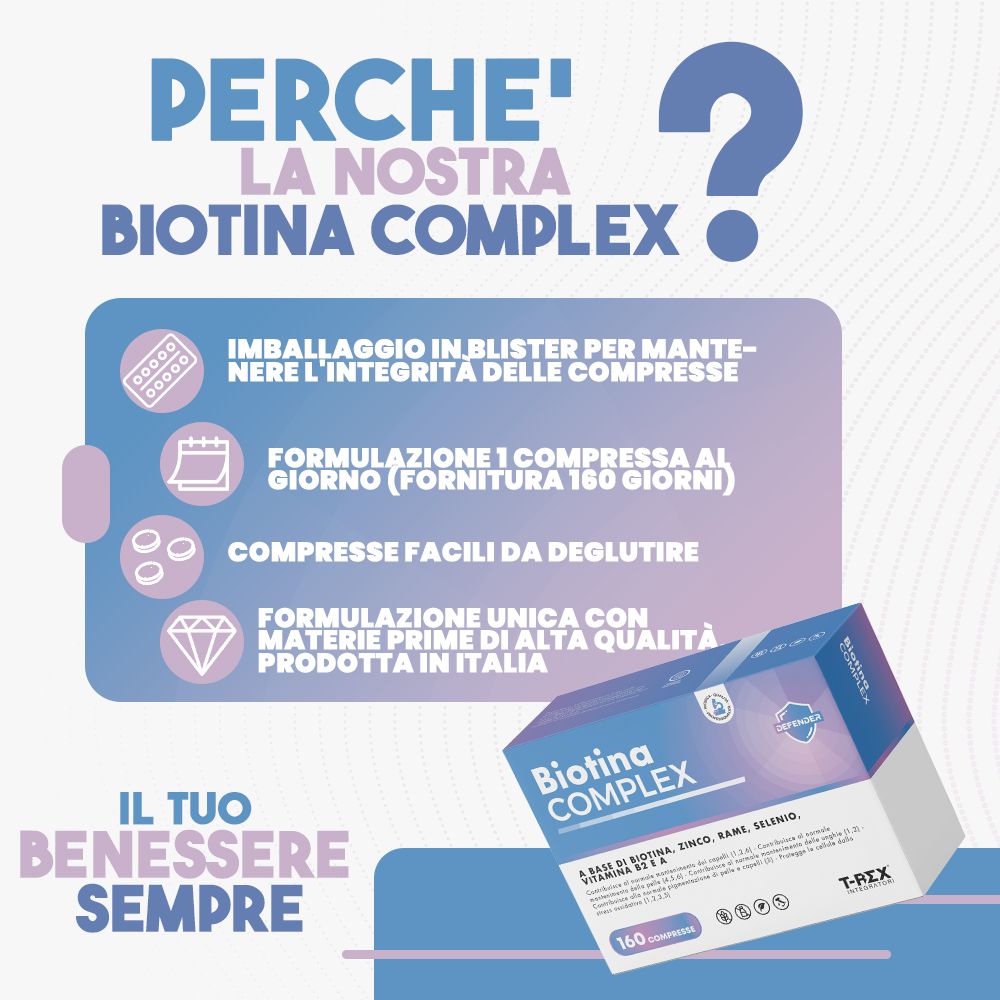 Confezione di Biotina Complex, 160 compresse. Blister, formulazione 180 giorni, facile da deglutire. Prodotto in Italia.