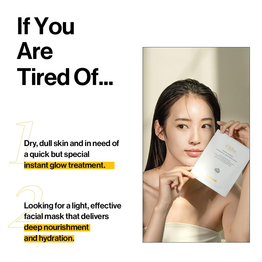 d'Alba White Truffle Mask. Donna che tiene la maschera. Testo: Dry, dull skin and in need of a quick but special instant glow treatment.