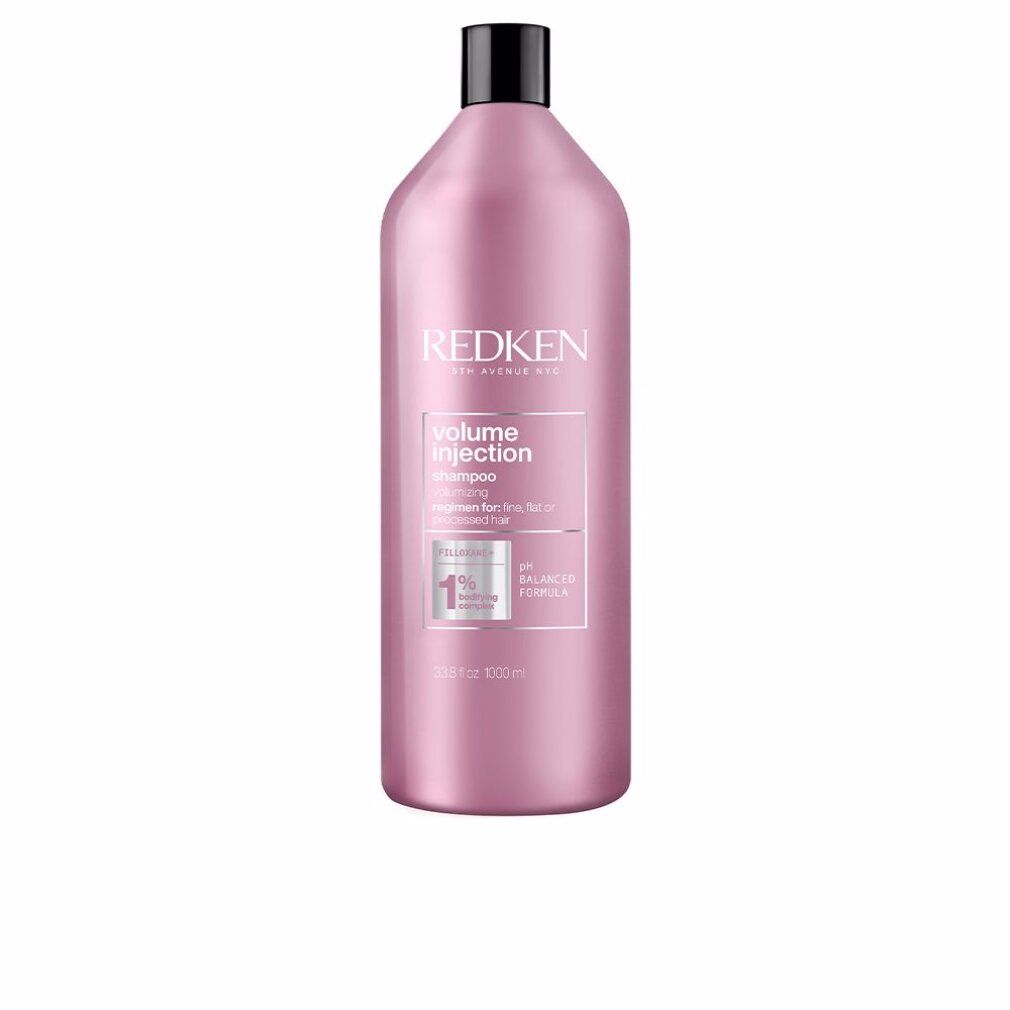 Flacone di shampoo rosa con tappo nero. Scritta: REDKEN, Volume Injection Shampoo. 1000 ml.