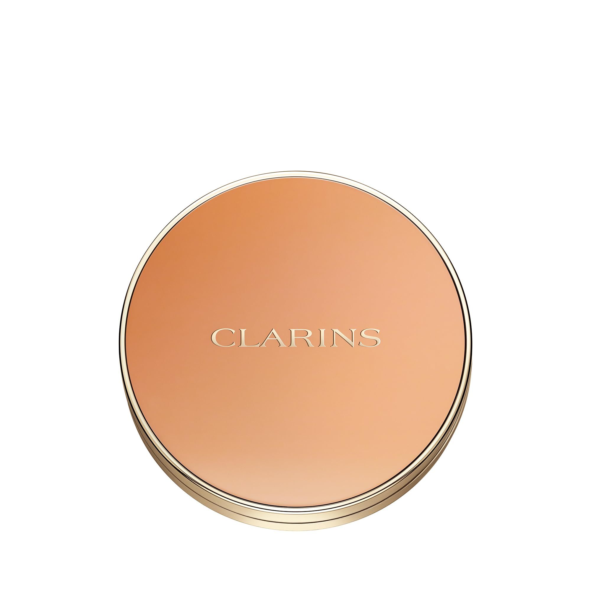 EVER BRONZE duo poudre bronzante 01. Compatto rotondo chiuso. Bordo dorato. Logo CLARINS.