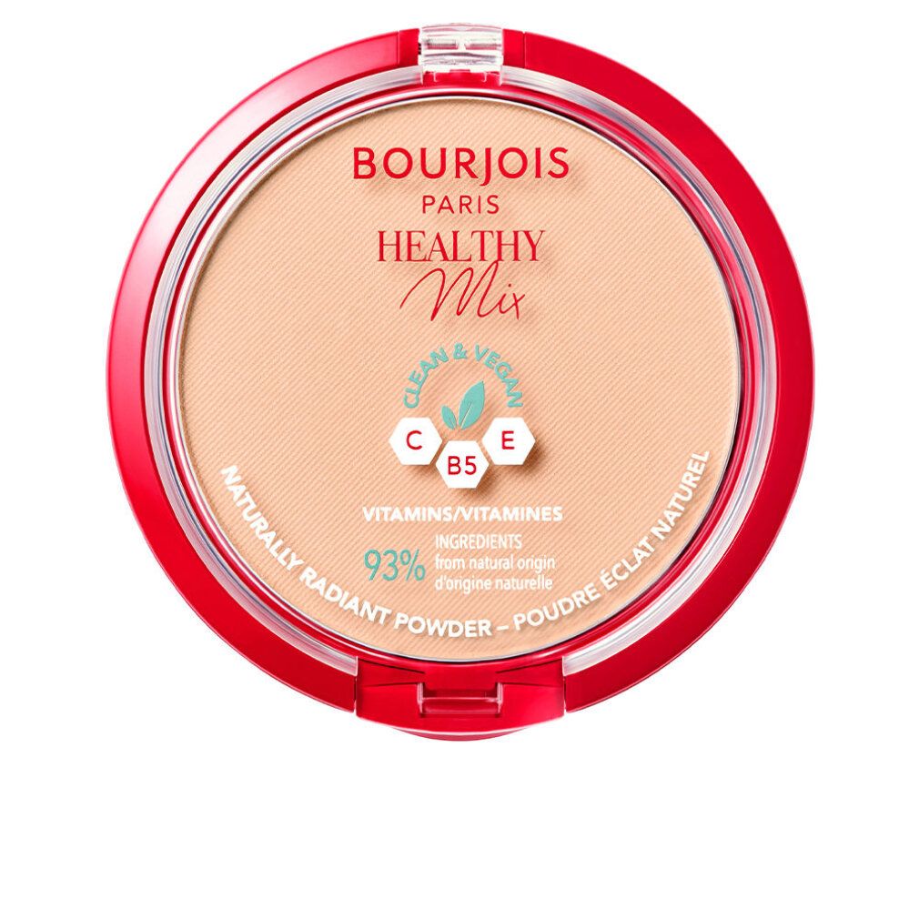 Contenitore rotondo di cipria, rosso e trasparente. Scritta: Bourjois Paris Healthy Mix. Vegano, Vitamina C, B5, E. Cipria radiosa naturale.