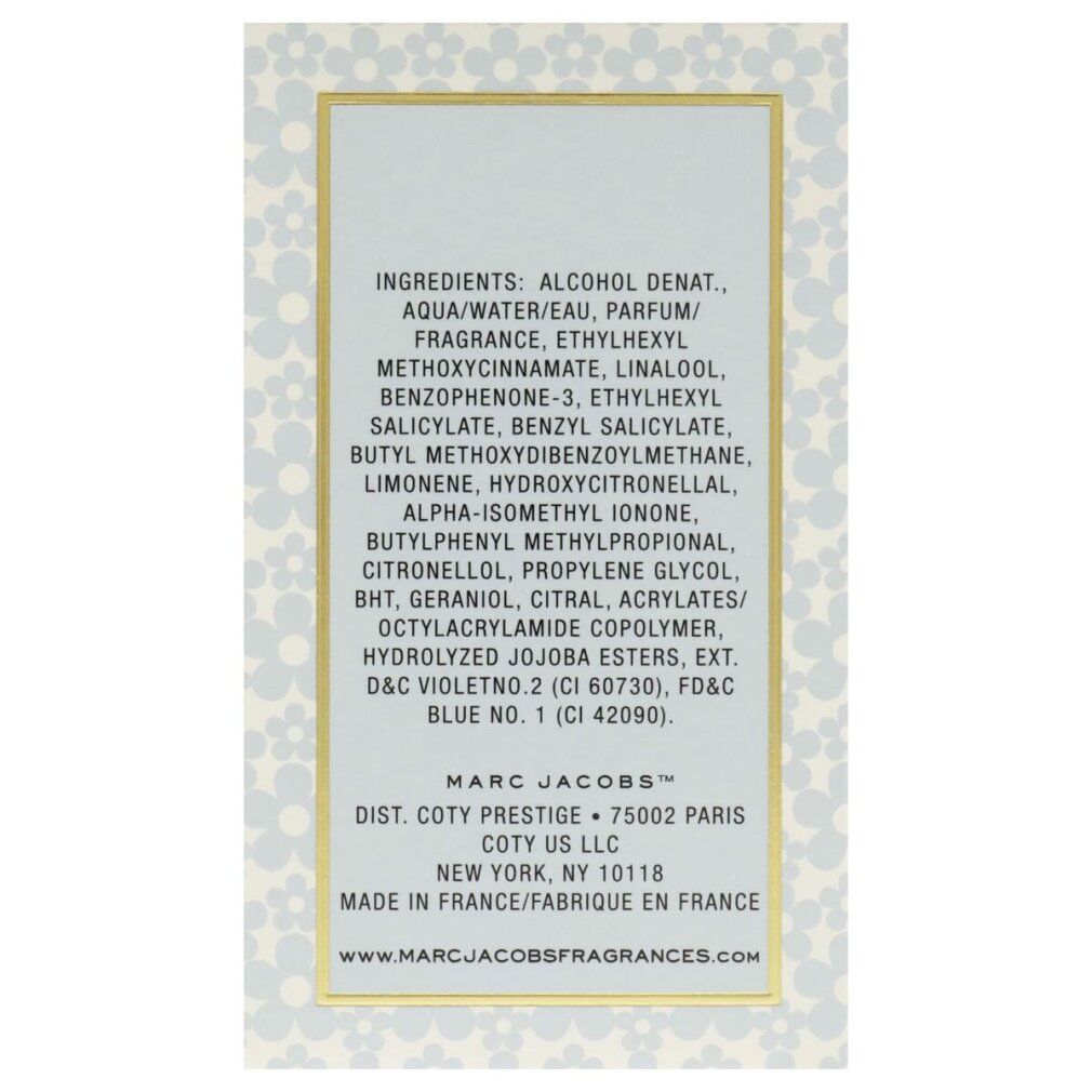 Retro della confezione con ingredienti e informazioni del produttore. Marc Jacobs, Coty Prestige.