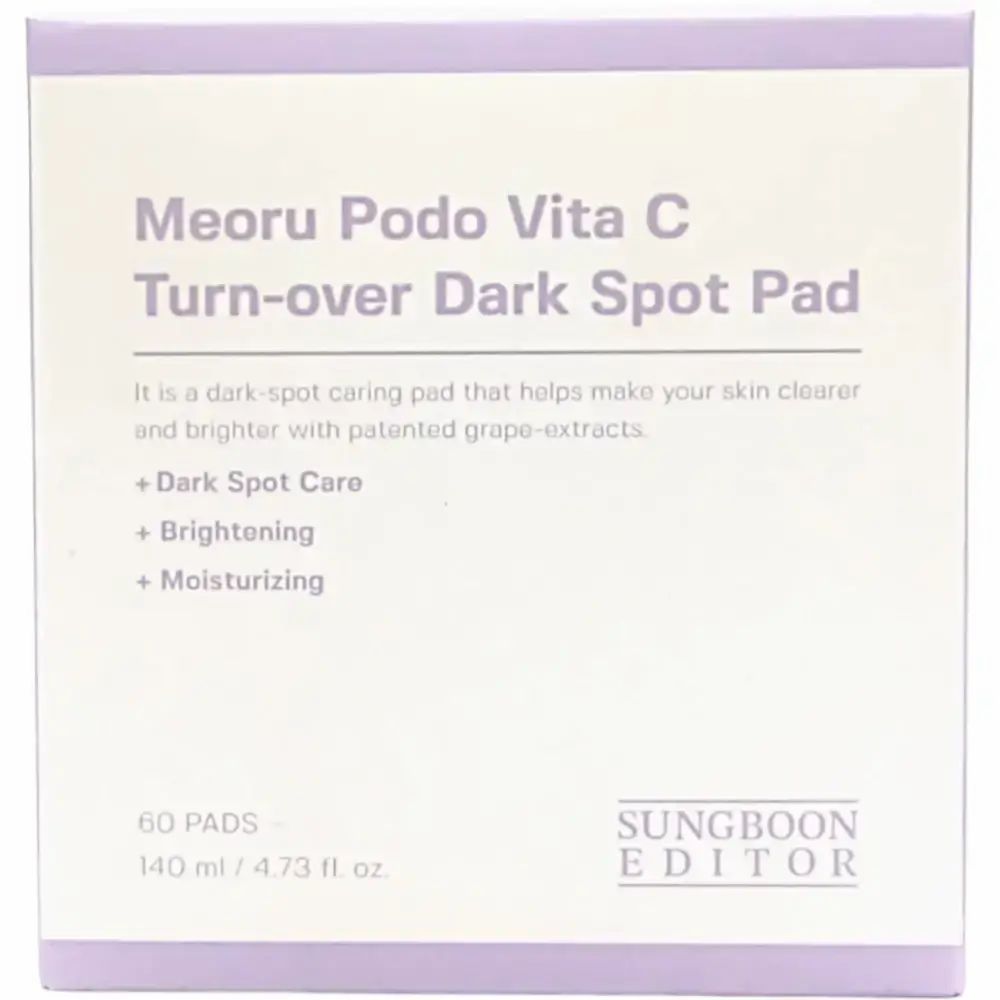 Confezione quadrata con testo: Meoru Podo Vita C Turn-over Dark Spot Pad. 60 pads, 140 ml.