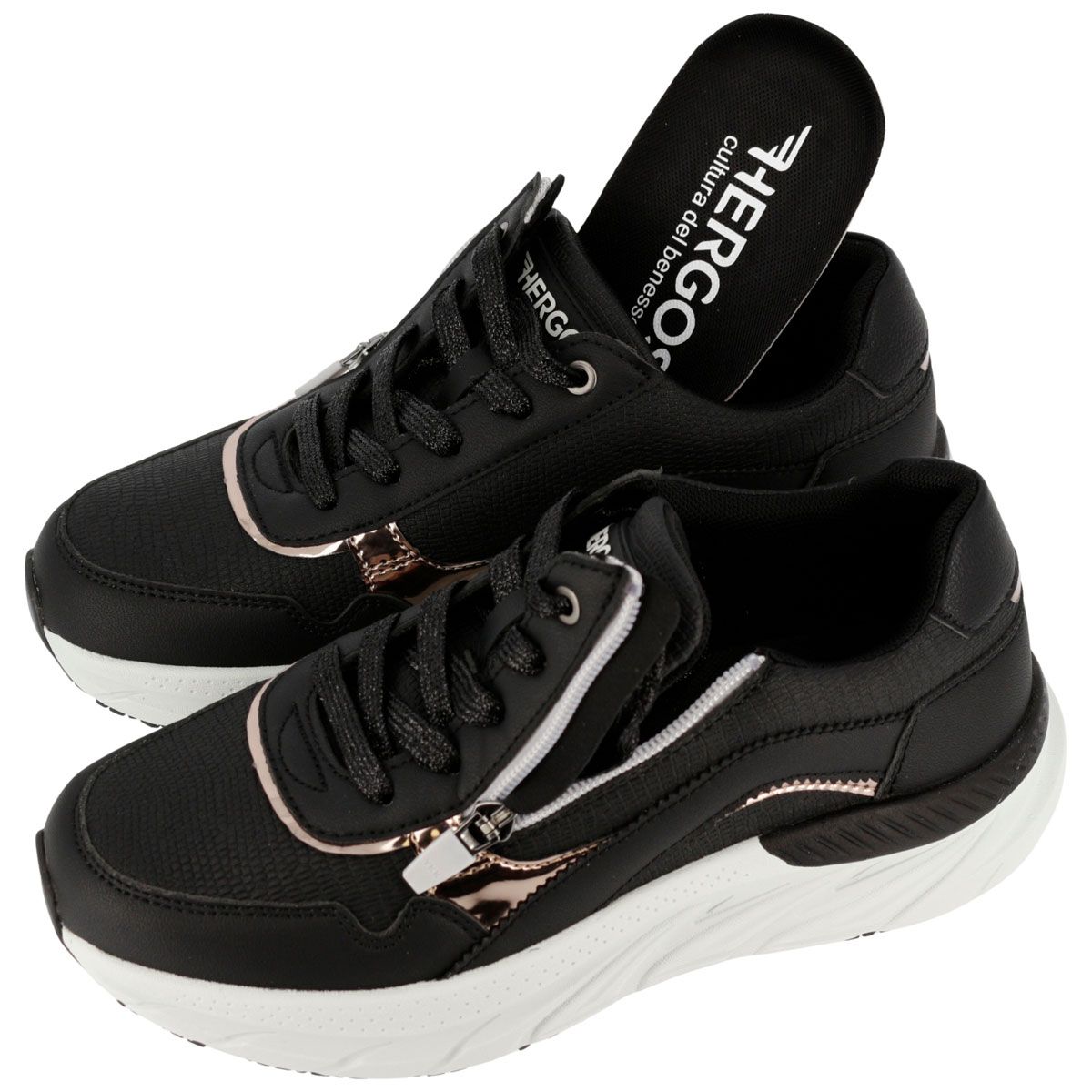 Sneakers neri con soletta estraibile. Zip, dettagli oro rosa. Marchio HERGOS.