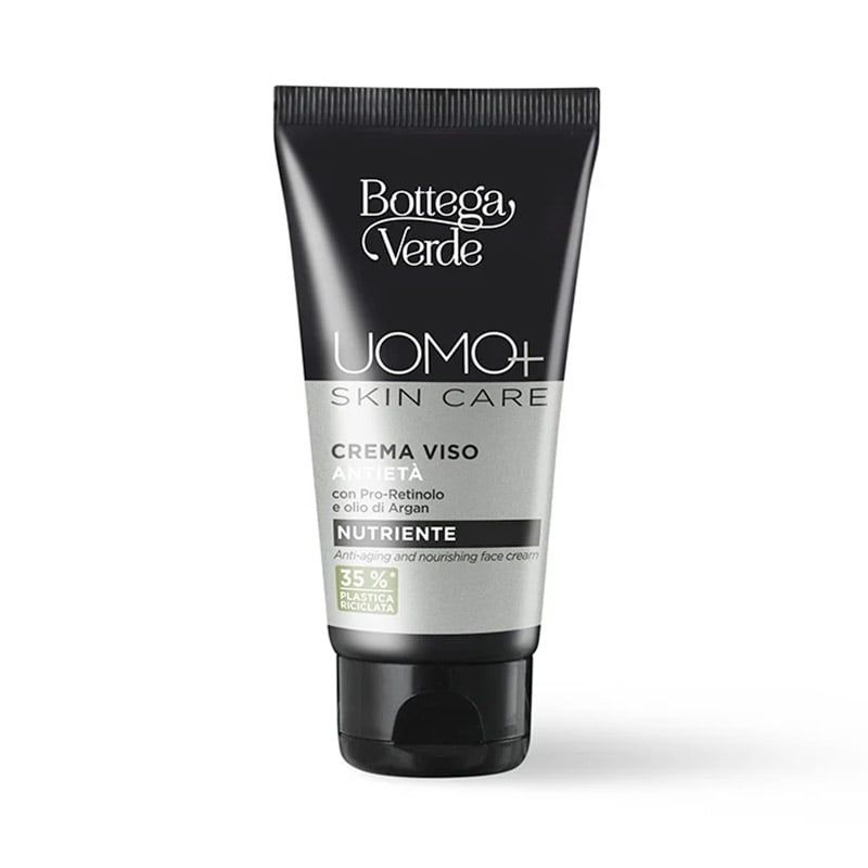 Tubo nero Bottega Verde UOMO+ Skin Care. Crema viso antietà nutriente. Testo e logo bianchi e verdi. 35% riciclato.