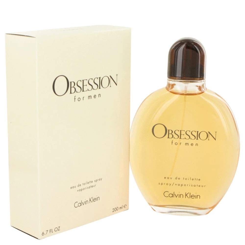 Flacone e confezione Obsession for men. Flacone rotondo, giallo chiaro. Confezione beige con Obsession e Calvin Klein.