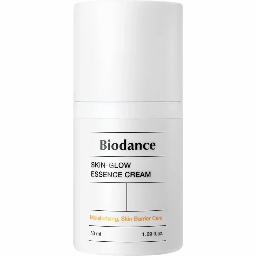 Flacone bianco con scritta del prodotto: Biodance Skin-Glow Essence Cream. 50 ml, 1,69 fl.oz. Idratante, cura della barriera cutanea.