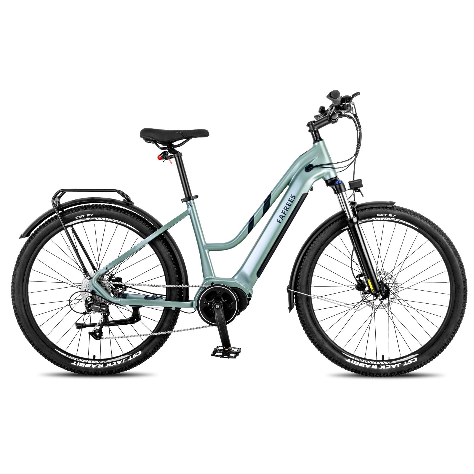 E-bike verde chiaro con motore centrale. Pneumatici neri, parafanghi e portapacchi. Marchio FAFREES.