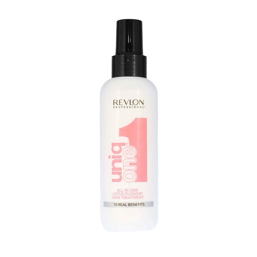 Trattamento per capelli. Flacone bianco con vaporizzatore nero. Nome del prodotto e informazioni. Accenti rosa.