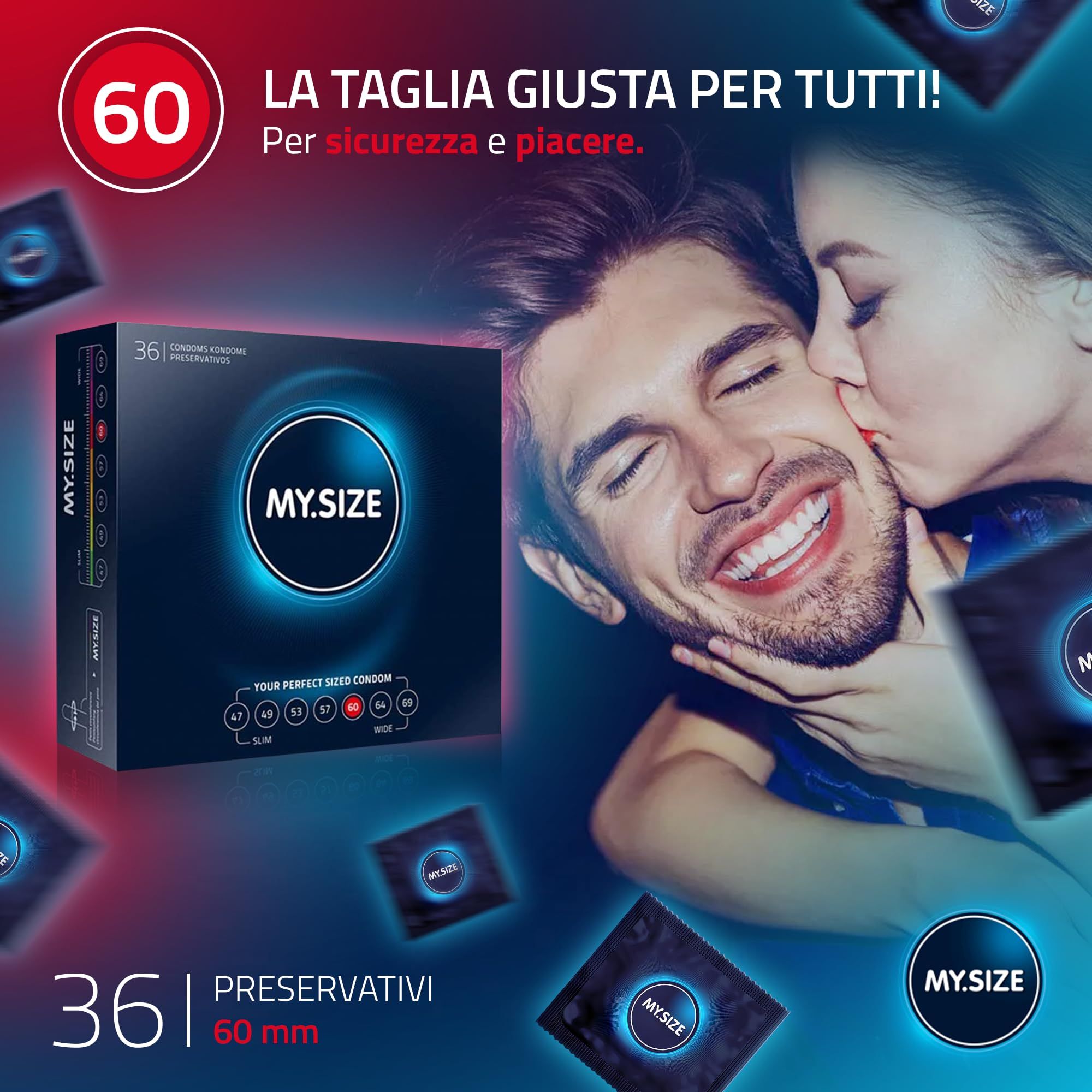 Confezione da 36 preservativi MY.SIZE 60. Mostra le taglie 47-69.