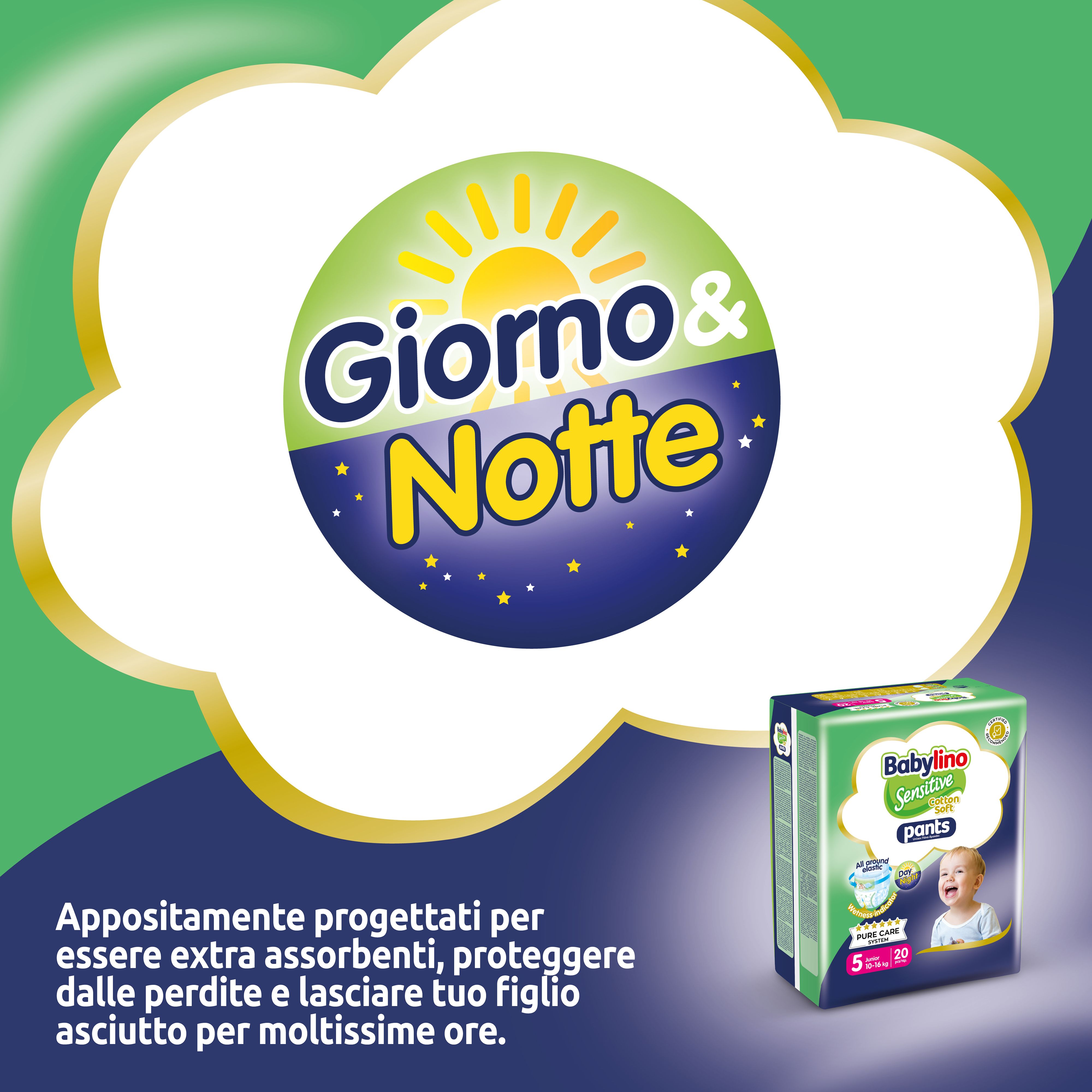 Babylino Sensitive Pants con simbolo Giorno & Notte. Immagine del prodotto. Cornice dorata.