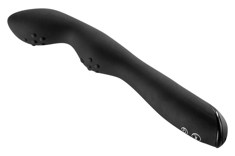 Vibratore nero curvo con bottoni e rilievi.