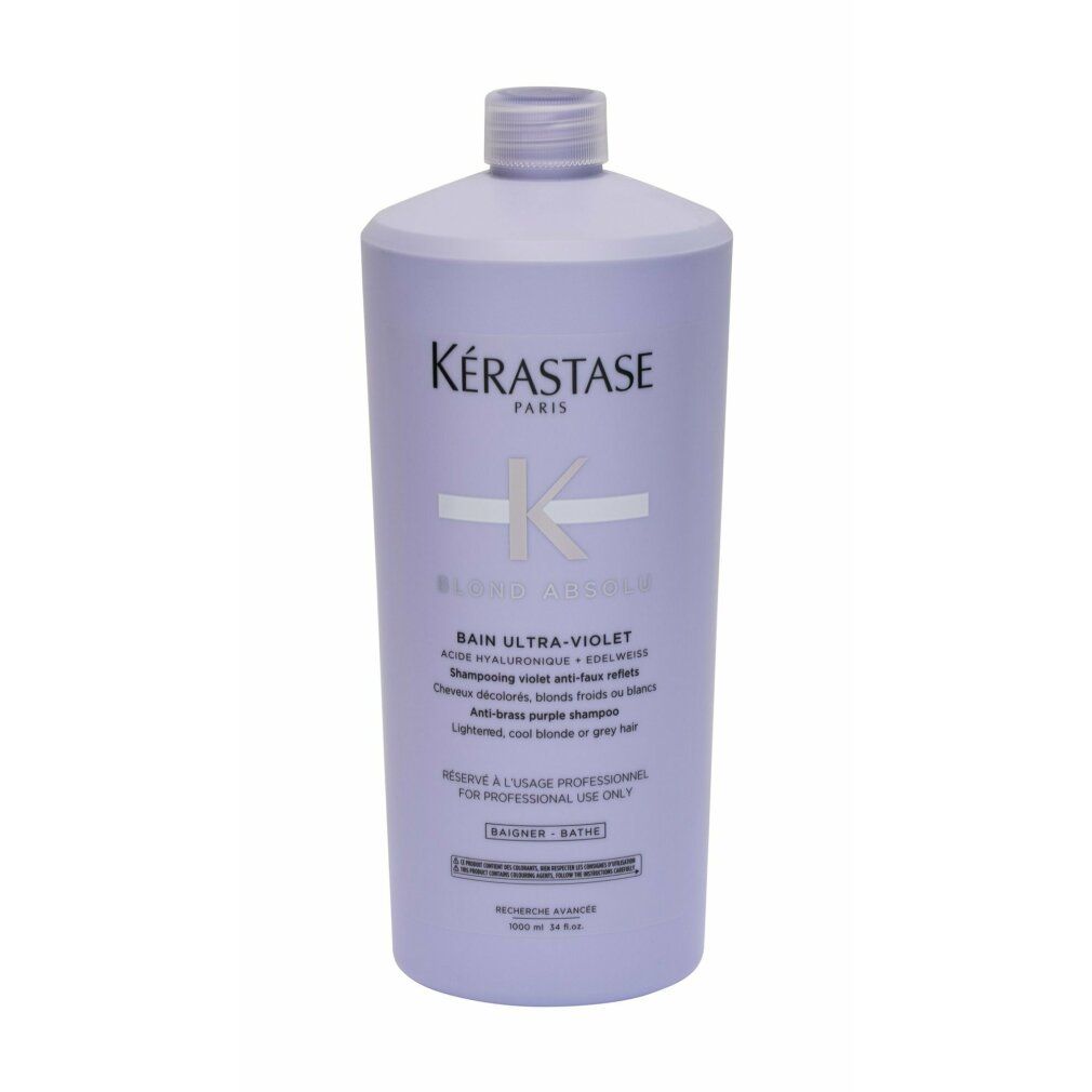 Flacone di shampoo Kérastase Blond Absolu. Flacone viola con etichetta bianca. Testo: Bain Ultra-Violet, per capelli biondi o grigi.