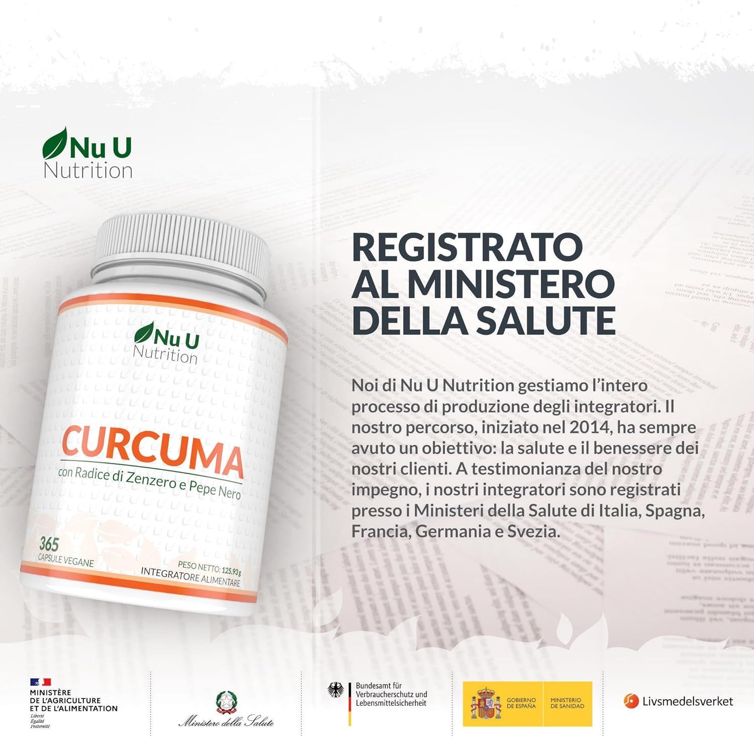 Flacone di capsule di curcuma. Testo: CURCUMA con Radice di Zenzero e Pepe Nero, 365 capsule vegane. Registrato al Ministero della Salute.