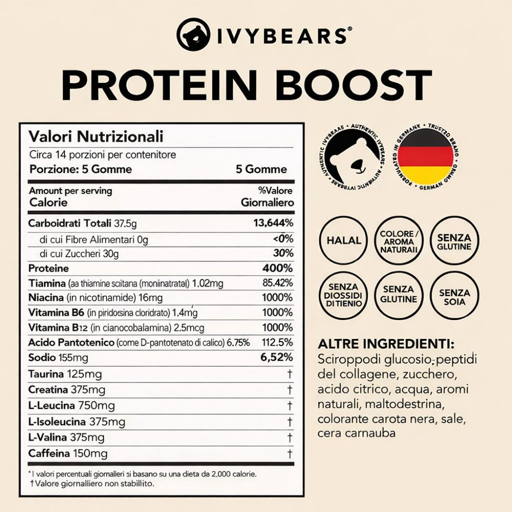 Informazioni nutrizionali. 14 porzioni per contenitore. Calorie, proteine, vitamine, minerali.