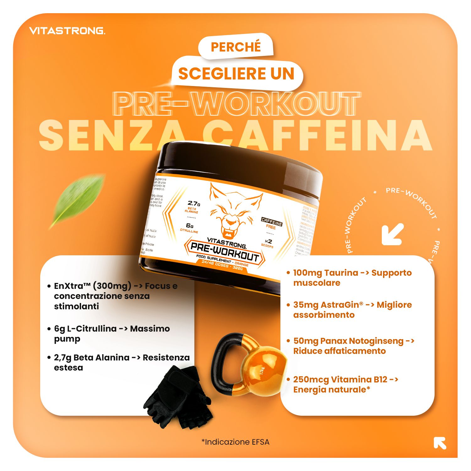 Barattolo nero con etichetta bianca. Testo: Pre-Workout Senza Caffeina. Ingredienti aggiuntivi e accessori.