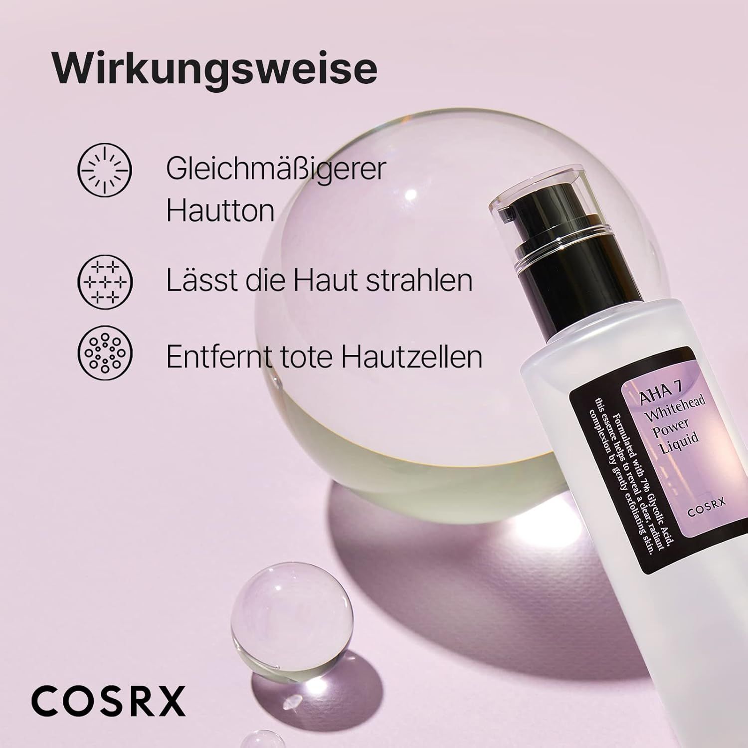 AHA 7 Whitehead Power Liquid. Flacone con tappo nero ed etichetta viola. Marchio: COSRX. Con illustrazioni.