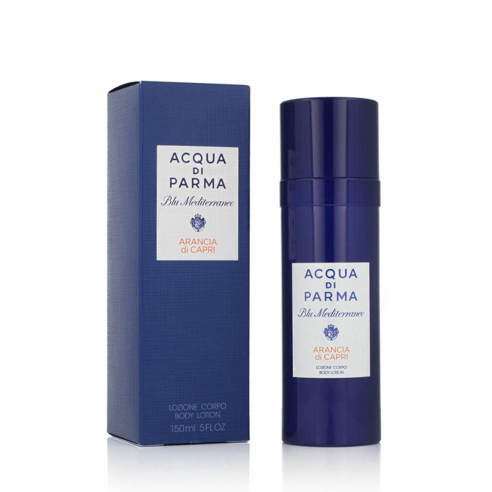 Flacone e scatola blu. Scritta: Acqua Di Parma, Blu Mediterraneo, Arancia di Capri. Lozione corpo.
