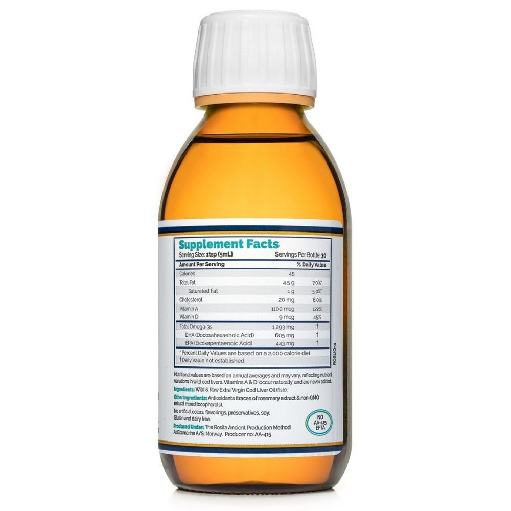 Retro di una bottiglia di olio di fegato di merluzzo Rosita Premium Extra Virgin. Mostra l'etichetta delle informazioni nutrizionali.