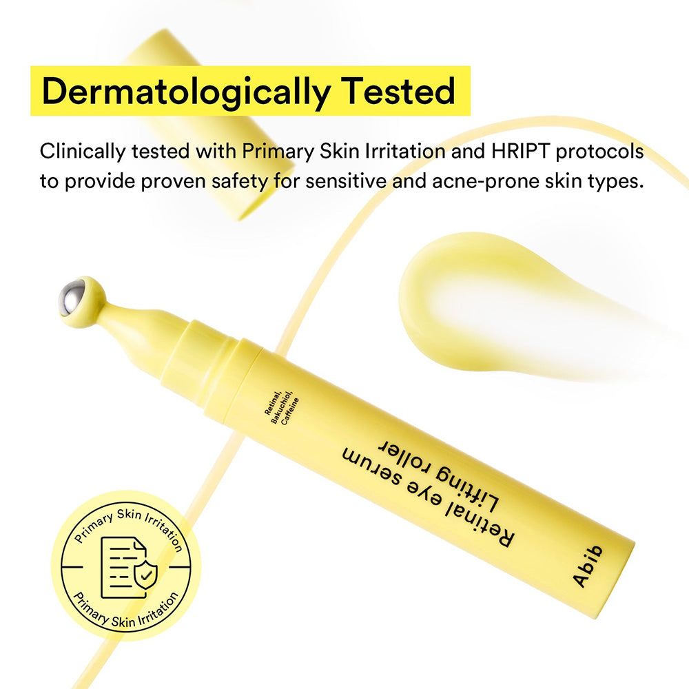 Roller contorno occhi giallo con applicatore metallico. Scritta: 'Retinal eye serum lifting roller', 'Abib'. Testato dermatologicamente.