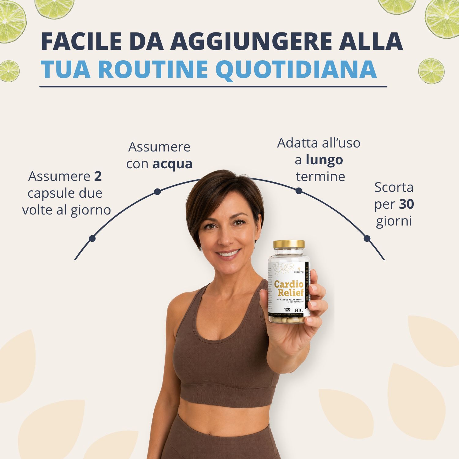 Donna che tiene Golden Tree Cardio Relief, mostrando una facile integrazione nella routine quotidiana.