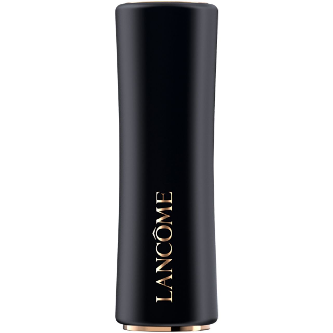 Astuccio rossetto nero con scritta dorata Lancôme. Forma cilindrica, base dorata.