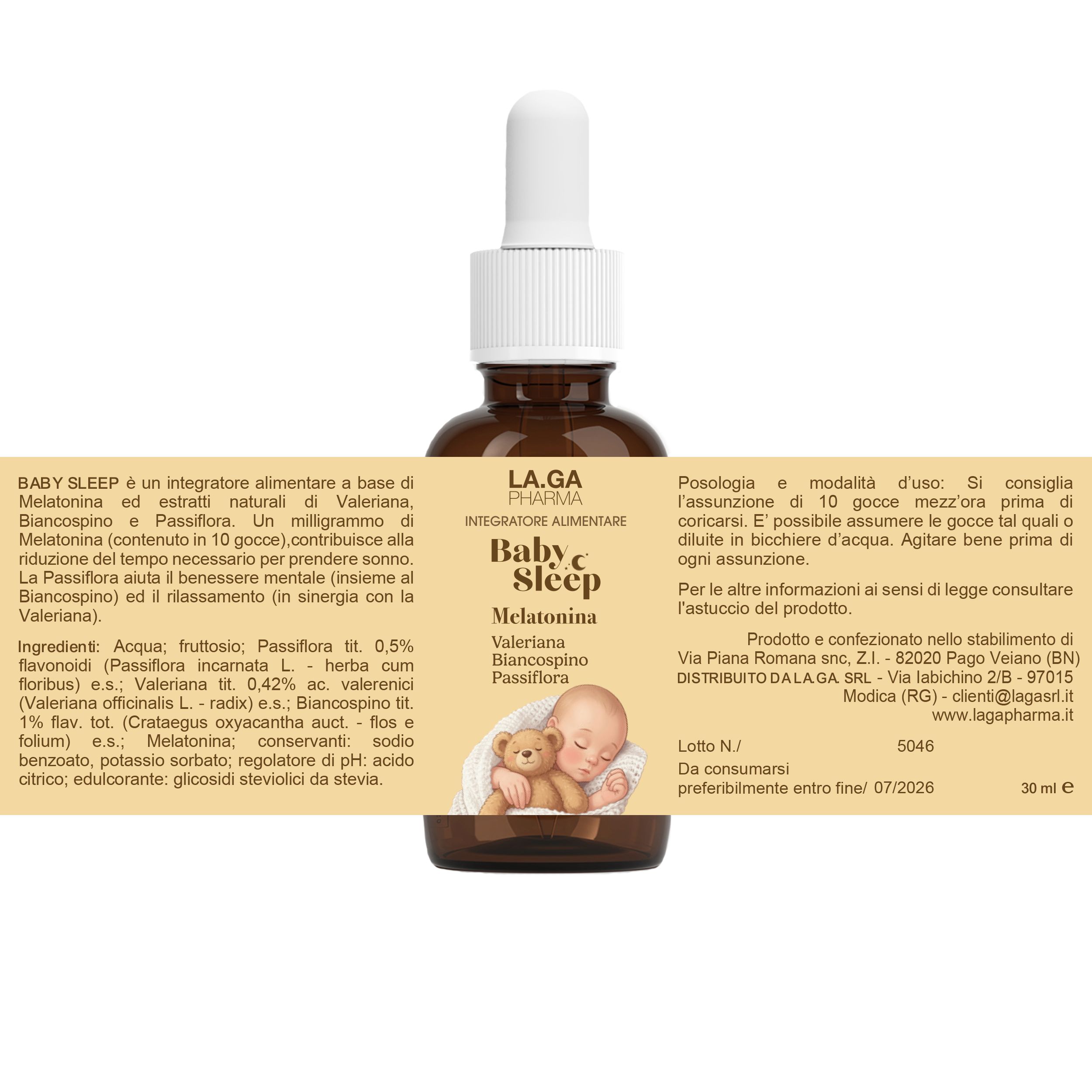 Flacone Melatonina Baby Sleep con etichetta: ingredienti, uso, informazioni produttore. 30ml.