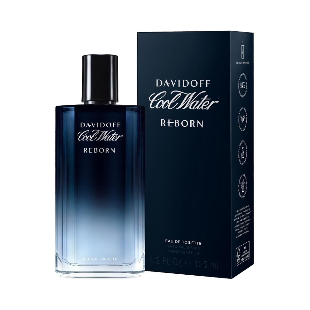 Davidoff Cool Water Reborn Man E.d.T. Nat. Spray. Flacone e confezione. Confezione blu con nome del prodotto.