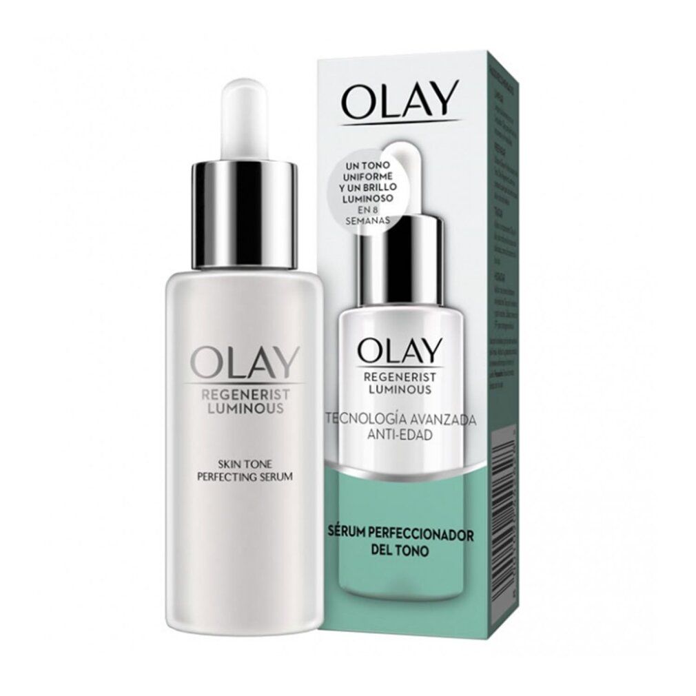 Siero Olay Regenerist Luminoso. Flacone con pipetta e confezione. Testo: Skin Tone Perfecting Serum, Anti-Edad.