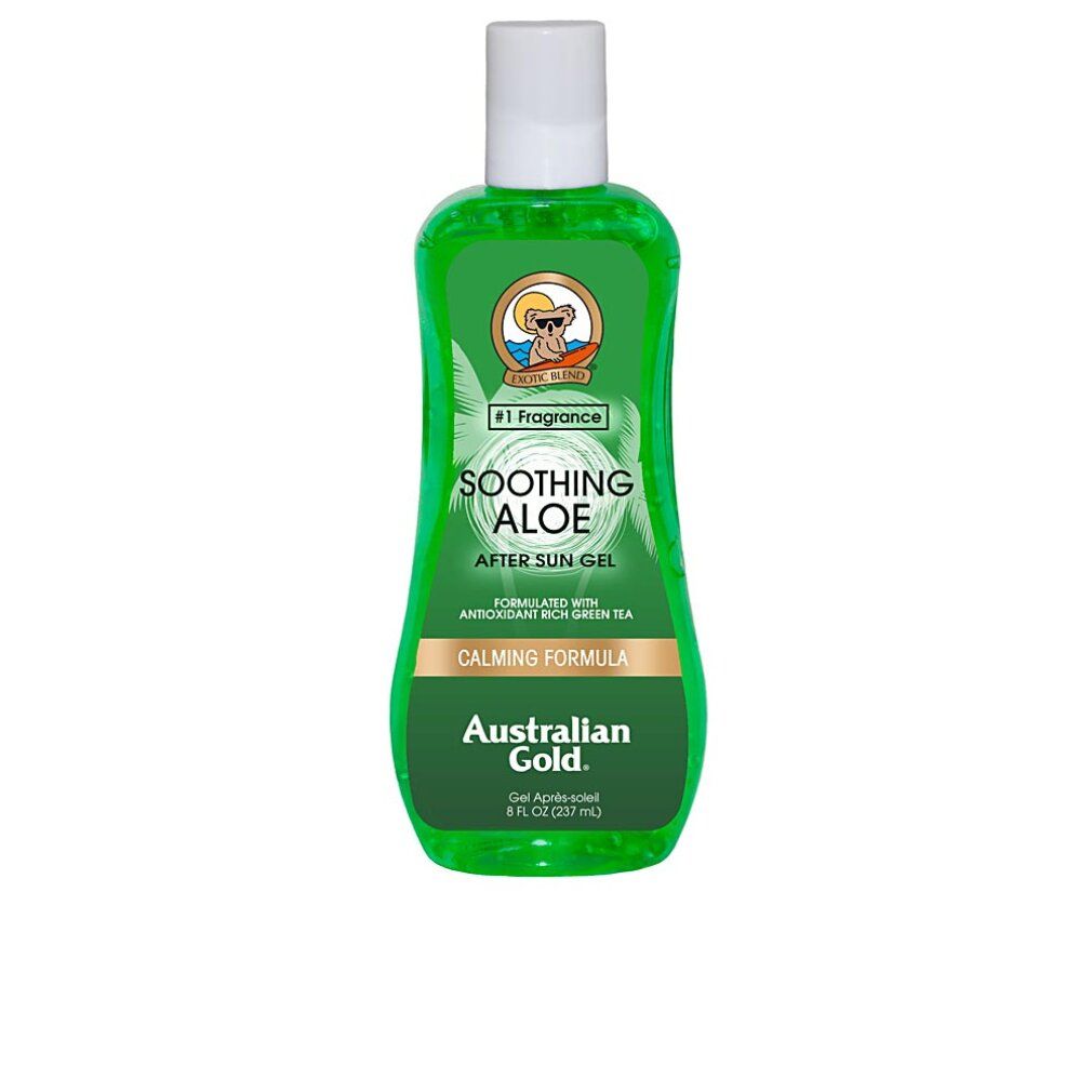 Flacone verde con tappo bianco. Scritta: Soothing Aloe After Sun Gel. Marchio: Australian Gold. Contiene tè verde.