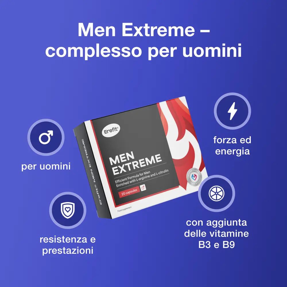 Erefit Men Extreme. Confezione del prodotto. Testo: Men Extreme. 20 capsule. Per uomini. Vitamine B3 e B9.