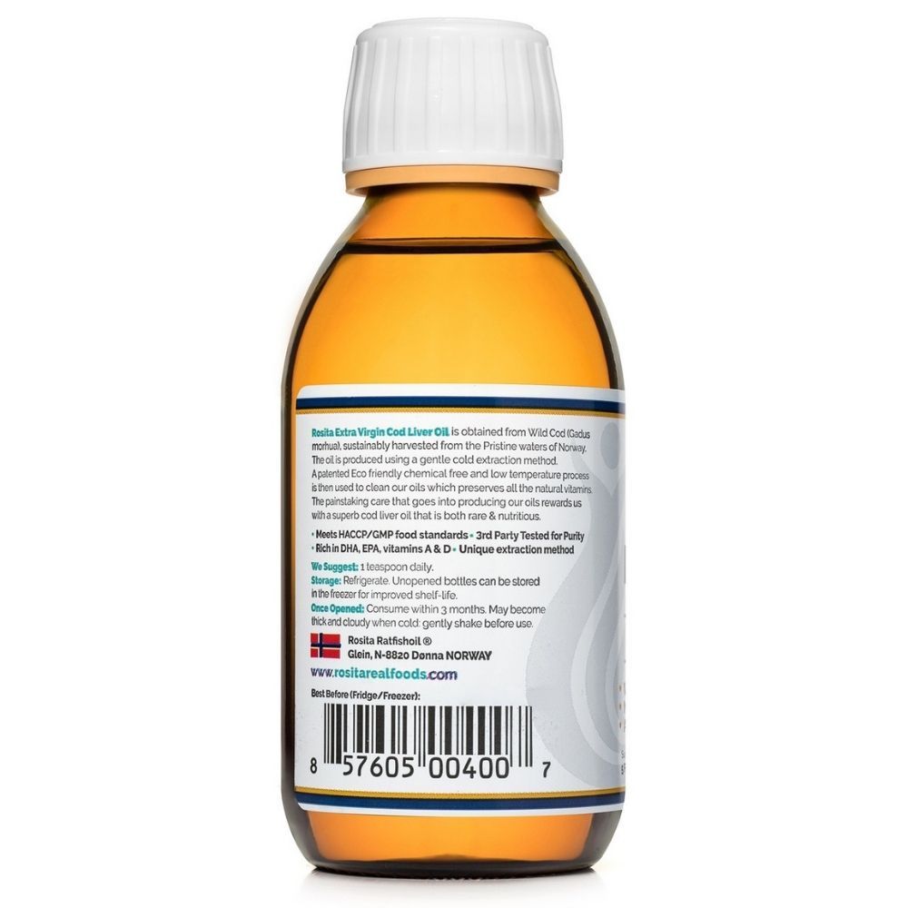 Retro di una bottiglia di olio di fegato di merluzzo Rosita Premium Extra Virgin. Contiene descrizione del prodotto, origine e certificazioni.